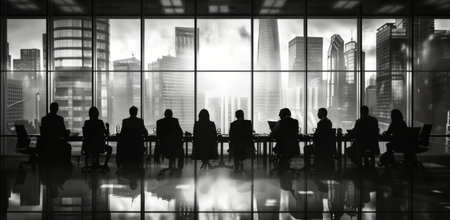 A group of business professionals are silhouetted in a meeting room overlooking a city skyline at night.の素材