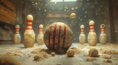 A weathered bowling ball rests in the middle of a bowling lane, surrounded by fallen pins. Dust coats the floor and the pins, suggesting a long period of inactivity.の素材