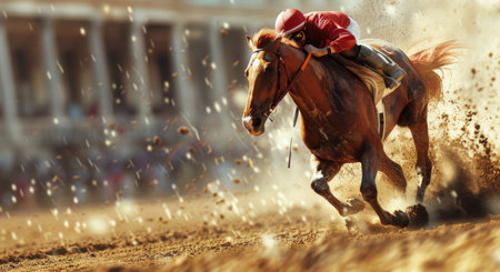 A jockey rides a brown thoroughbred horse during a race, with the setting sun casting a golden glow over the track.の素材