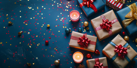 Wrapped presents with red bows, candles, and gold confetti on a blue background.の素材