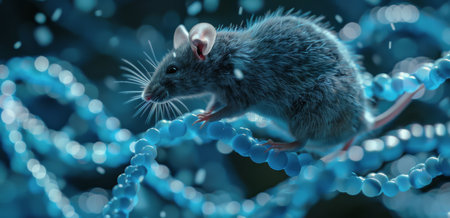 A gray rat stands on a blue DNA strand, with a background of blurry blue lights.の素材