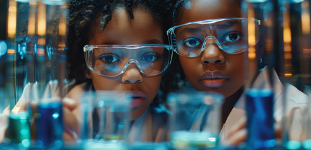 Two young scientists wearing lab coats and safety goggles lean forward in a brightly lit laboratory, intensely focused on an experiment.の素材