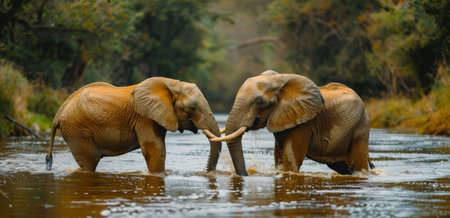Two elephants are interacting in a river surrounded by lush greenery.の素材
