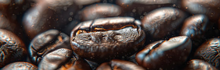 A macro view of roasted coffee beans, highlighting their rich brown color and intricate details.の素材