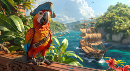 A pirate parrot wearing a blue hat perches on a wooden rail overlooking a tropical ocean. A large ship sails in the distance.の素材