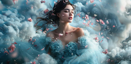 A woman in a light blue dress stands in a field of clouds with red petals falling around her.の素材