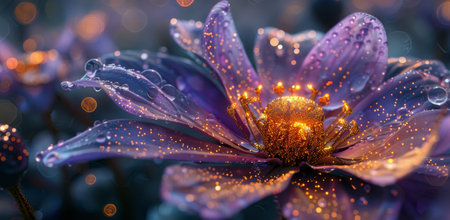 A single purple lotus flower covered in dew drops is illuminated with golden light, creating a magical and ethereal atmosphere.の素材