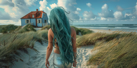 A woman with long teal hair walks on a sandy path towards the ocean at sunset.の素材