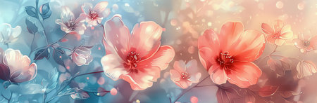 A vibrant watercolor painting featuring three flowers in shades of pink, blue, and orange, with soft pastel leaves and a light, textured background.の素材