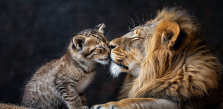 A young kitten nuzzles a large male lion's face, creating a heartwarming scene of interspecies affection.の素材