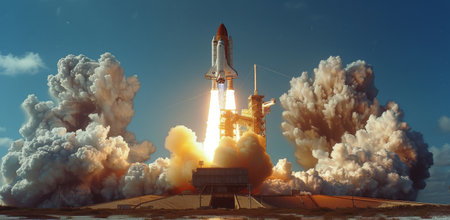 A space shuttle launches from a launch pad, leaving behind large plumes of smoke and fire.の素材