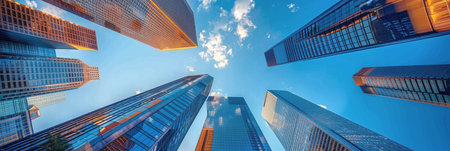 Modern skyscrapers reach for the sky on a bright day.の素材