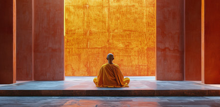 A Buddhist monk sits cross-legged on a tiled floor, meditating in front of a large orange wall.の素材