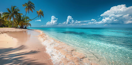A tropical beach scene with palm trees lining the shore, white sand, and clear blue water lapping at the beach.の素材