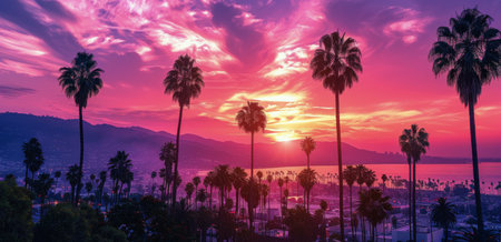 Palm trees stand tall against a vibrant sunset sky, casting long shadows as the sun sets behind them.の素材