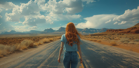 A woman with long, red hair walks down a deserted road in a desert landscape. The sun shines brightly, casting shadows on the road. The mountains in the distance are visible.の素材