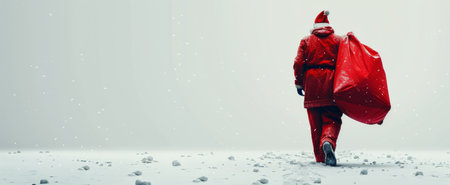 A figure dressed as Santa Claus walks away from the camera, carrying a large red bag full of gifts.の素材