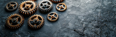 A group of rusty metal gears arranged on a weathered surface, some overlapping each other.の素材