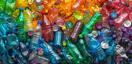 A close-up shot of a large pile of plastic bottles and aluminum cans, all arranged in a colorful jumble.の素材