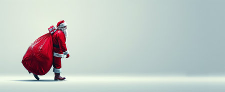 A figure dressed as Santa Claus walks away from the camera, carrying a large red bag full of gifts.の素材