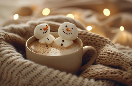 Two snowman marshmallows are floating in a mug of hot chocolate, sitting on a bed with a knitted blanket.の素材