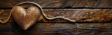 A golden heart sits on a rustic wooden background, tied with twine.の素材