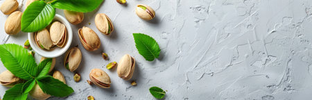 A group of pistachios, some open and some closed, are scattered across a gray textured surface with green leaves.の素材