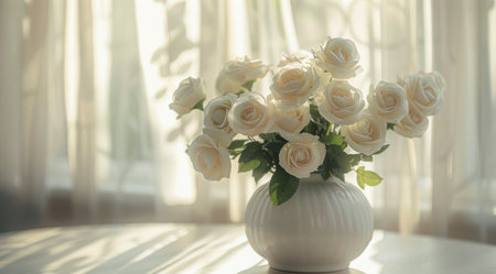 A bouquet of white roses sits in a white vase on a table next to a window.の素材