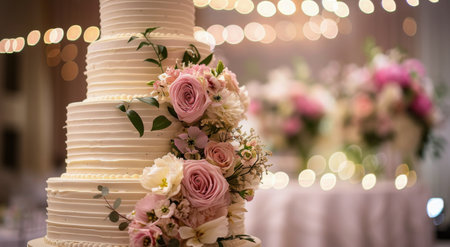 A four-tier wedding cake with white frosting and delicate flowers is displayed on a table, with a blurry background of lights.の素材