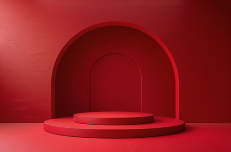 A red room with a large red circle on the wall and a three-tiered platform in the center.の素材