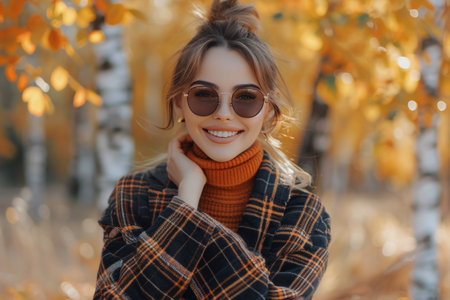 A woman in a plaid jacket smiles while standing in front of a background of autumn leaves. She wears a dark orange turtleneck sweater and sunglasses.の素材