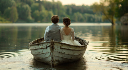 A bride and groom in wedding attire row a wooden boat across a still lake with lush green trees surrounding it.の素材