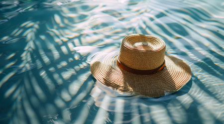 A straw hat floats on the surface of a clear blue pool. The shadow of a palm tree is reflected on the water.の素材