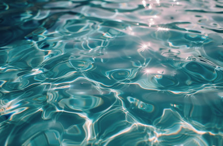 A close-up view of the surface of a swimming pool. The water is rippling and shimmering in the sunlight, creating a beautiful abstract pattern.の素材