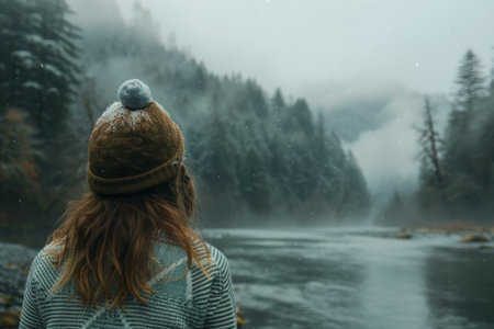 A woman stands overlooking a flowing river, her back to the viewer. She wears a brown knitted hat and a plaid jacket. The river flows through a dense forest with fog.の素材