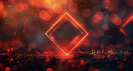 A red background with glowing bokeh lights and a neon frame.の素材