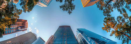 Tall skyscrapers tower over lush green trees in a city park, with a bright blue sky overhead.の素材