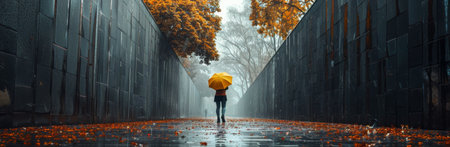 A person walks down a city street holding a yellow umbrella as it rains. Fall leaves are scattered on the ground.の素材