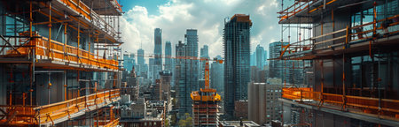 A city skyline view from a building under construction with scaffolding and a construction crane in the center.の素材