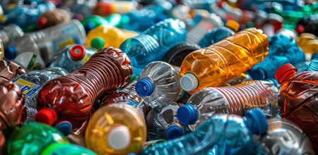 A close-up shot of a large pile of plastic bottles and aluminum cans, all arranged in a colorful jumble.の素材