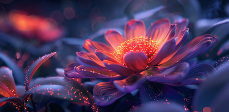 A close-up photo of a flower with vibrant orange center and purple petals, glowing in the night with soft bokeh lights in the background.の素材