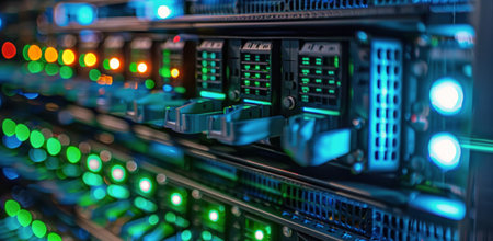 A row of server racks with glowing lights, showing the intricate details of a modern data center.の素材