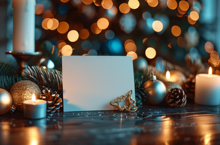 A blank white card lies on a wooden table surrounded by Christmas ornaments, pine branches, and candlelight. The background is blurred with bokeh lights.の素材