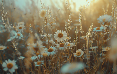 A close-up view of a field of white daisies bathed in the warm light of the setting sun.の素材
