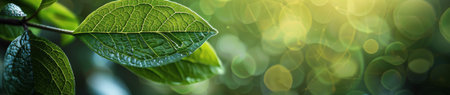 A close-up shot of a single green leaf in a forest with the sunlight filtering through the canopy and creating a bokeh effect.の素材