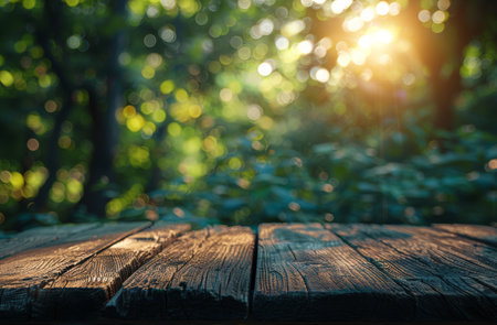 A wooden table sits in front of a blurred background of a green forest with sunlight shining through the leaves.の素材