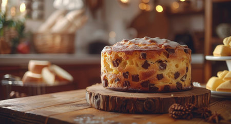 A freshly baked panettone cake with a slice removed sits on a silver cake stand, surrounded by other baked goods and a rustic background.の素材