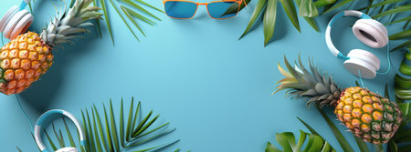 Two pineapples with green leaves, headphones, sunglasses, and palm leaves on a blue background.の素材