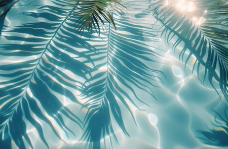 Palm fronds cast shadows on the surface of a pool, creating a patterned effect. The sunlight shines brightly on the water, creating a sense of tranquility and summer.の素材