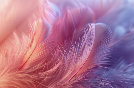 Pink and white feathers are illuminated by golden light.の素材